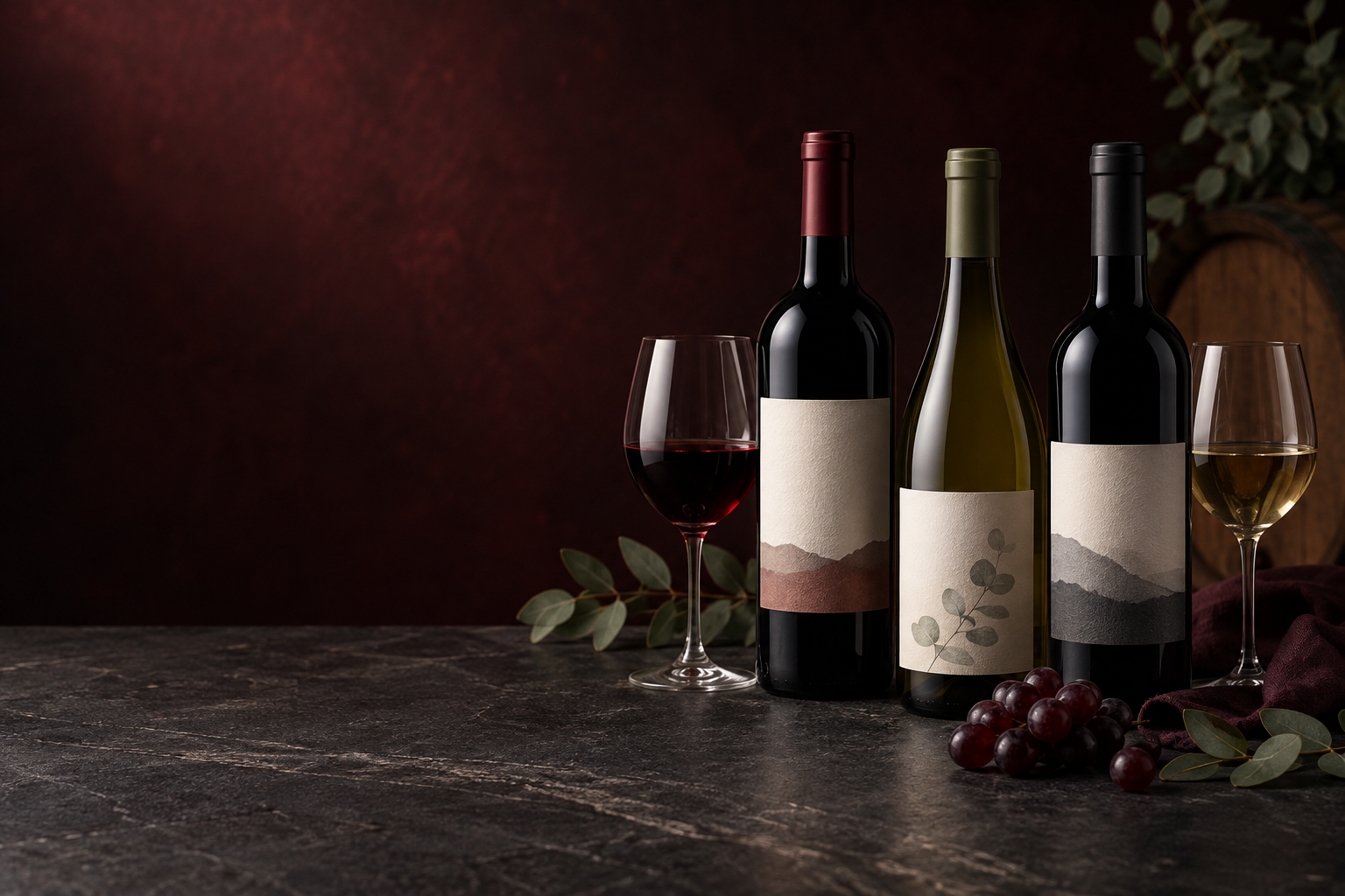 Three unbranded wine bottles and two glasses on a dark stone table